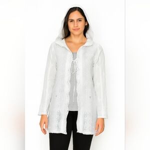 Johnny Was Womens White Lace Eyelet Hooded Cardigan Size M Boho Artist Hippie